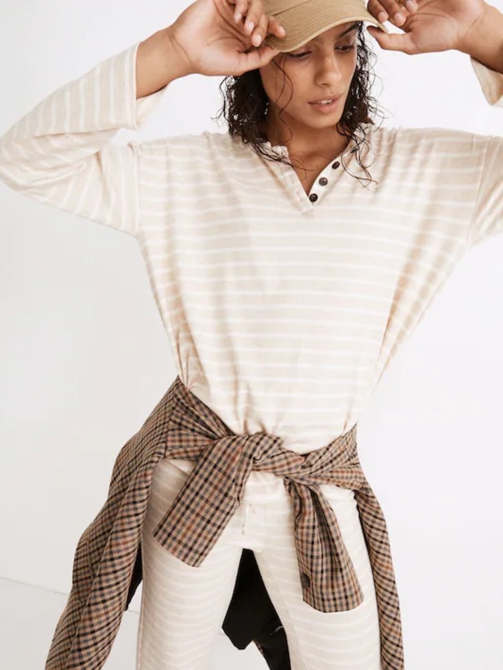 Madewell MWL Soft Beige Striped Henley Shirttail Tee Like New RARE Medium